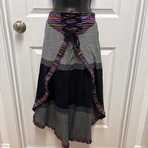 Boho Hippie Patchwork Wrap Skirt Gray Black‎ Asymmetrical Hem Festival Gypsy